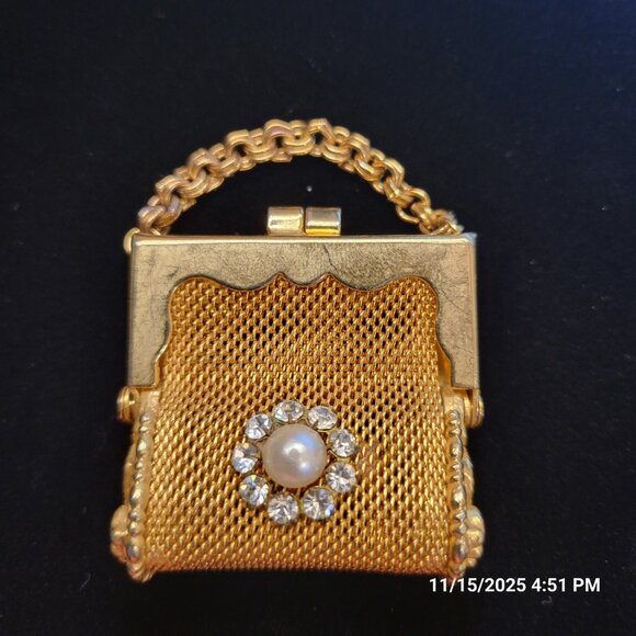Mesh Purse Miniature Pill Coin Box Doll Gold Tone Jeweled Rhinestones 2" - Picture 1 of 9